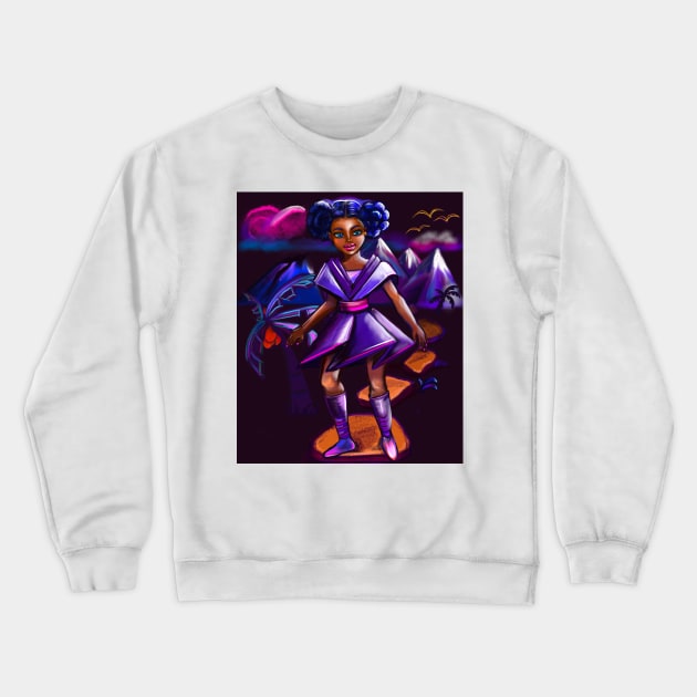 Anime girl with two puffs and lighting. Black afro anime girl in purple space fantasy scene ! beautiful  black girl with Braided hair, blue eyes, Cherry pink lips and dark brown skin. Hair love ! Crewneck Sweatshirt by Artonmytee